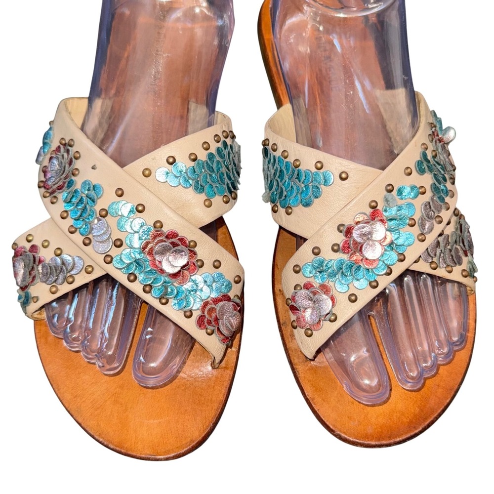Saks Fifth Avenue Womens Leather Slide Sandals Floral Studded Boho Tan Size 10